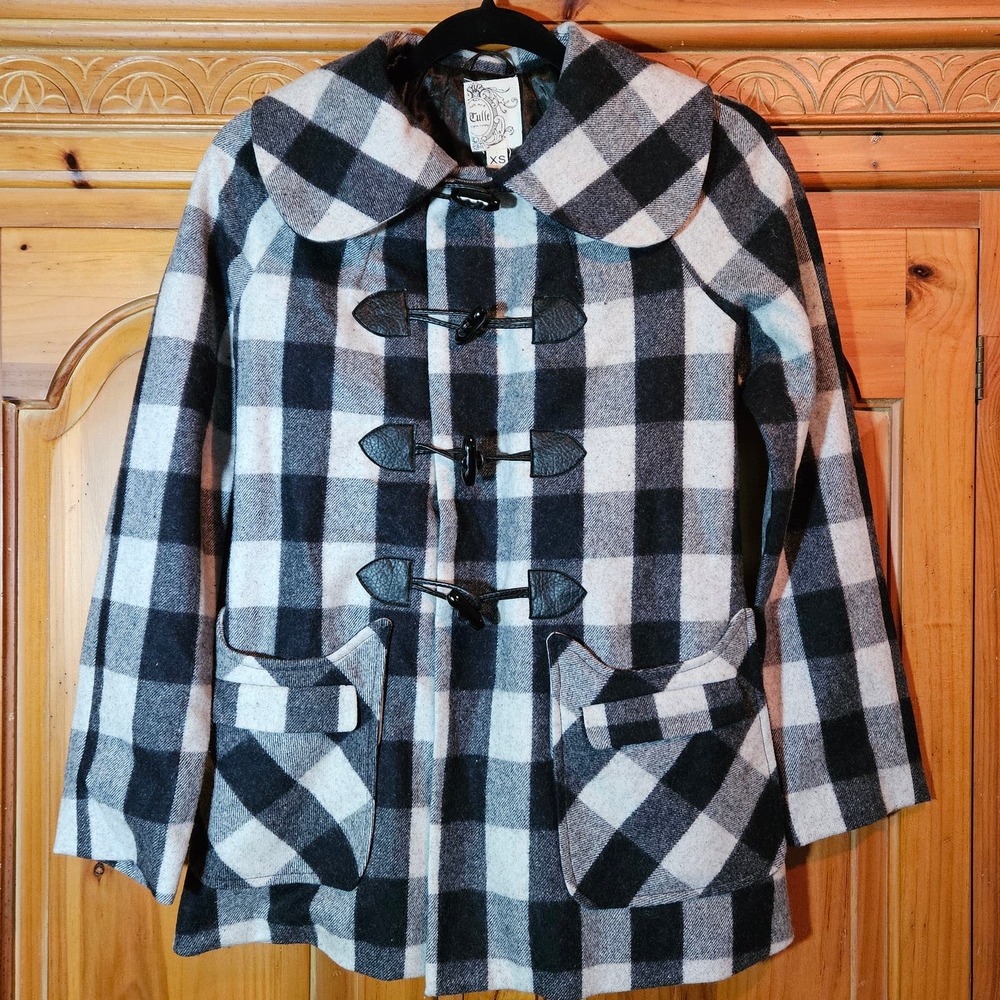 NWT Anthropologie Tulle Black/White Buffalo Plaid‎ Toggle Wool Peacoat Size XS